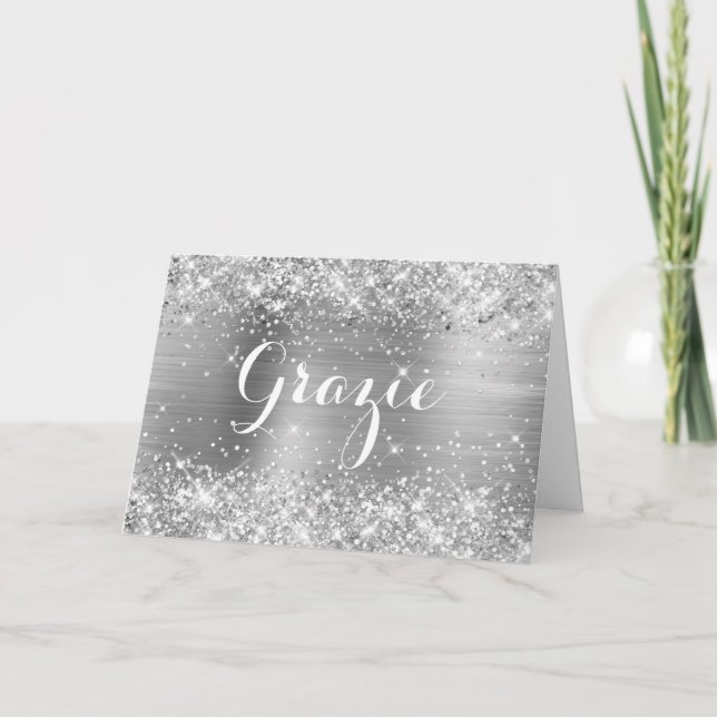 Glittrande Silverfolie Klassisk Script Grazie Tack Kort (Framsida)