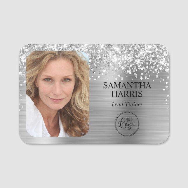 Glittrande silverfolie-logotyp och foto namnbricka (Framsida)