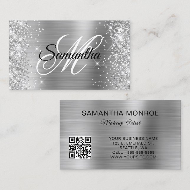 Glittrande silverfolie QR-kod med monogram Visitkort (Fram/baksida)
