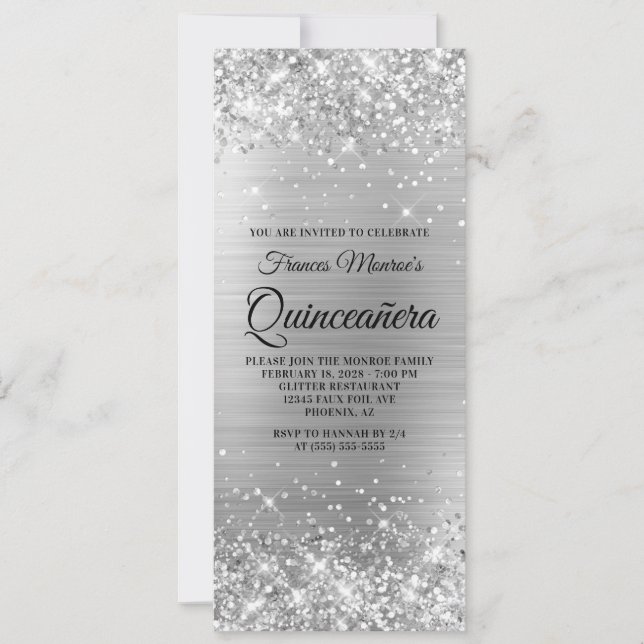 Glittrande silverfolie Quinceañera Inbjudningar (Framsida)