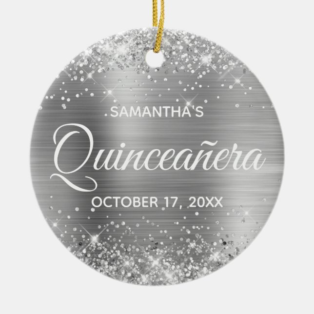 Glittrande silverfolie Quinceañera Julgransprydnad Keramik (Framsidan)