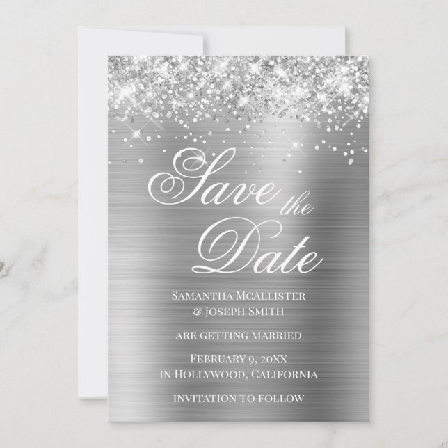 Glittrande silverfolie Spara datum Inbjudningar (Framsida)