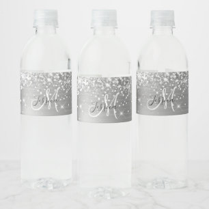 Glittrande silverfolie svart och vit monogram vattenflaskor etikett
