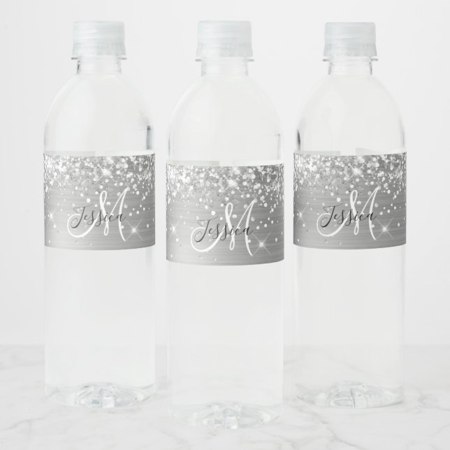 Glittrande silverfolie svart och vit monogram vattenflaskor etikett (Flaskor)