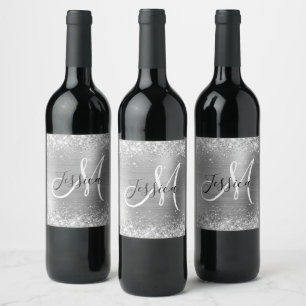 Glittrande silverfolie svart och vit monogram vinflaska etikett