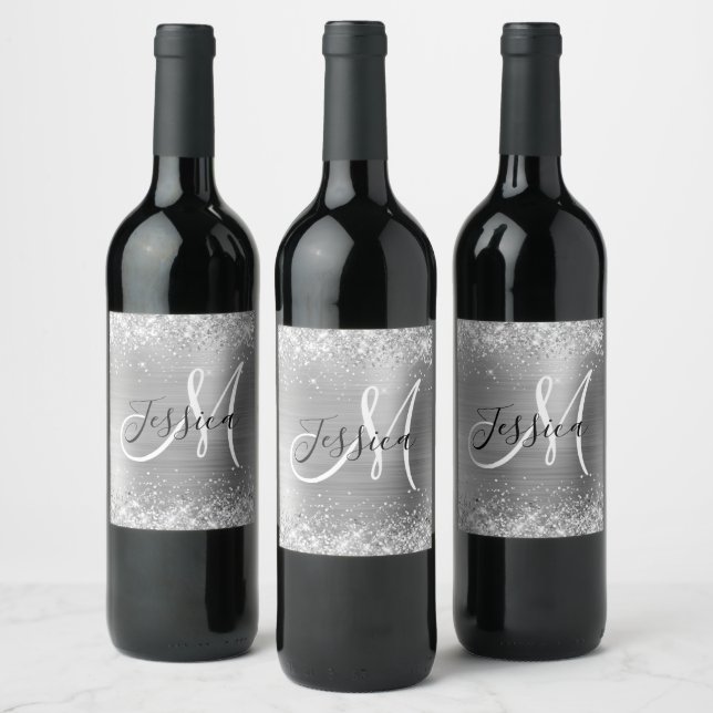 Glittrande silverfolie svart och vit monogram vinflaska etikett (Flaskor)