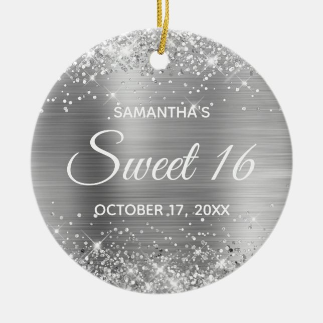 Glittrande silverfolie Sweet 16 födelsedag Julgransprydnad Keramik (Framsidan)
