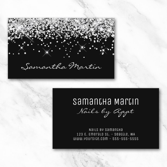Glittrande silverglitter på svart visitkort (Sparkly Silver Glitter on Black Business Card)