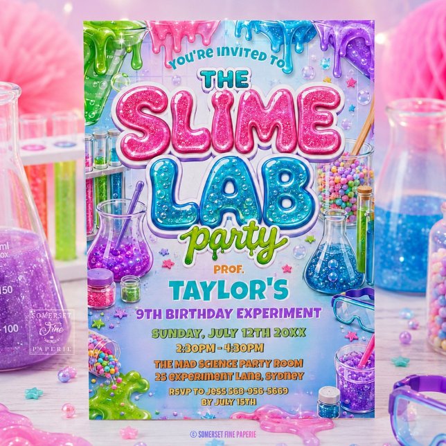 Glittrande Slim Vetenskaps Lab Födelsedagsfest Inbjudningar (science party experiment slime lab birthday invitation printed card and editable template)