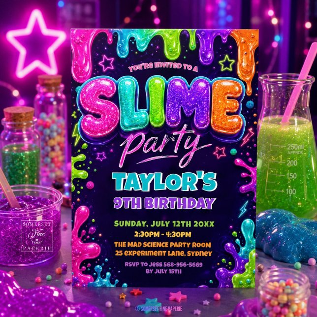 Glittrande Slime Neon Födelsedagsfest Inbjudningar (Glitter Slime Neon Birthday Party Invitation)