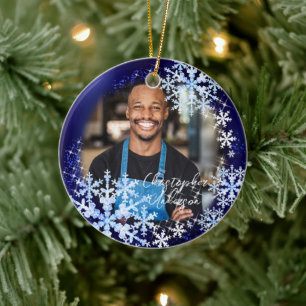 Glittrande Snö Flakes Photo Blue Ornament