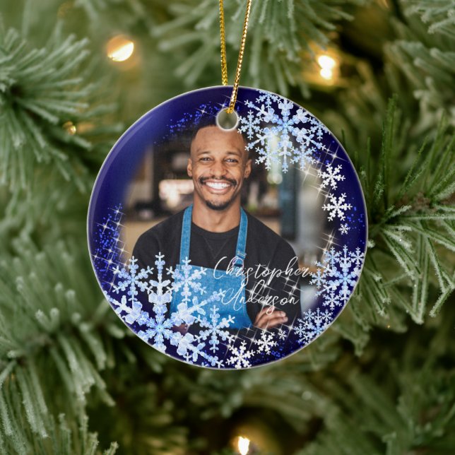 Glittrande Snö Flakes Photo Blue Ornament (Träd)