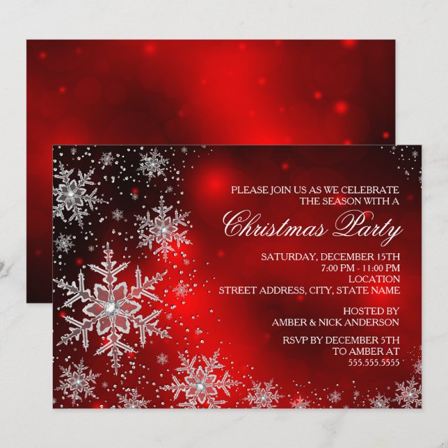 Glittrande Snöflinga Röd Julfest Inbjudan (Fram/baksida)