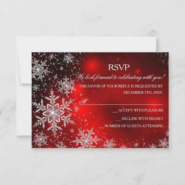 Glittrande Snöflinga Röd Julfest RSVP OSA Kort (Framsida)