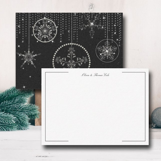 Glittrande Snöflingor Svart Vitt Elegant Klassisk  Anteckningskort (christmas thank you card couple wedding holidays winter snowflakes rhinestones glitter black white )
