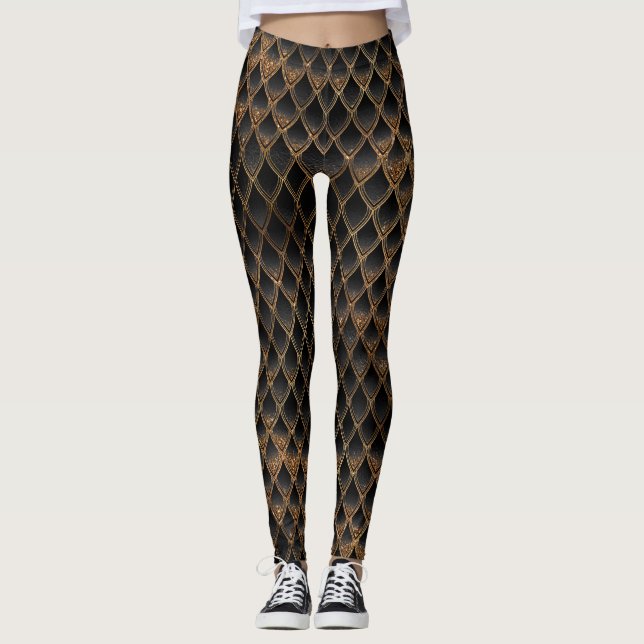 Glittrande svarta och gyllene glitterdrakfjäll leggings (Framsida)