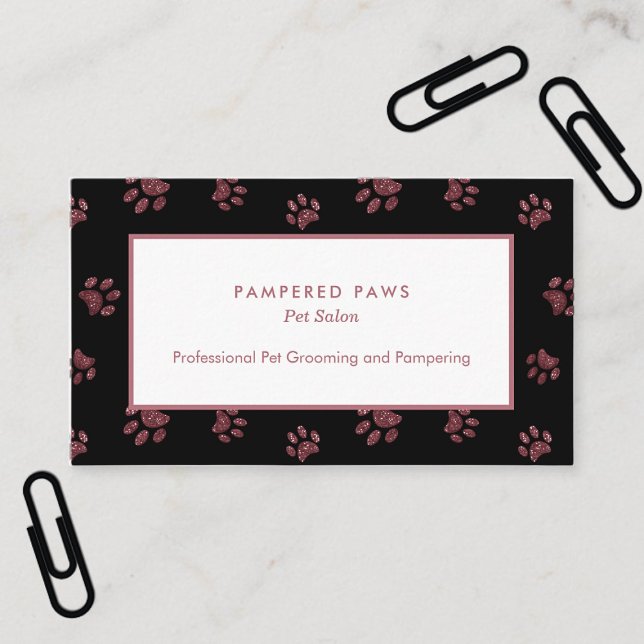 Glittrande tassavtryck Rosa Guld Rosa Svart Husdju Visitkort (Glitter Paw Prints Rose Gold Pink Black Pet Salon Business Card)