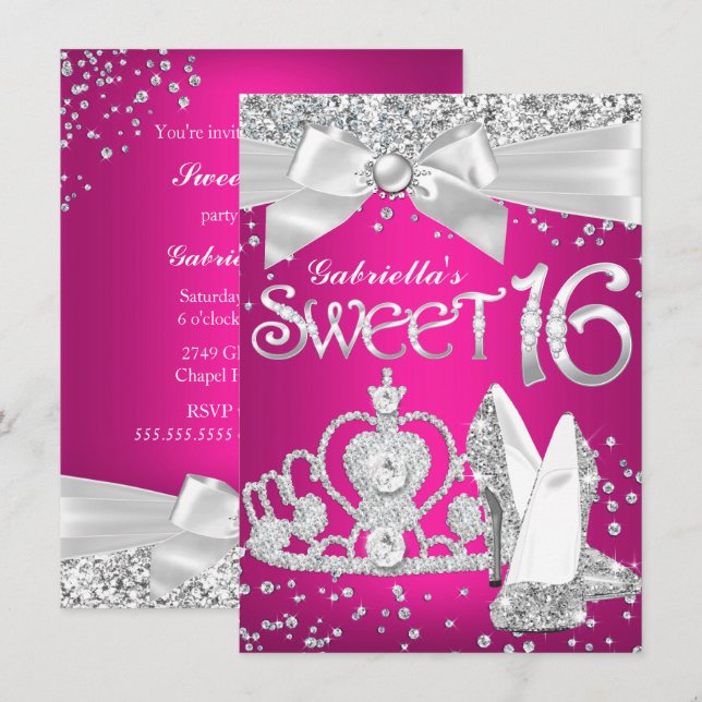 Glittrande Tiara & Klackar Sweet 16 Inbjudan Hot P (Fram/baksida)