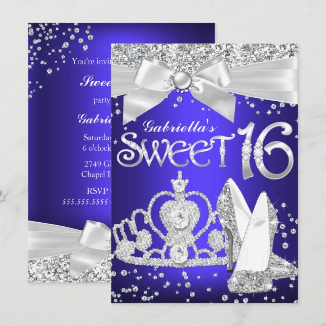Glittrande Tiara & Klackar Sweet 16 Royalblå lila Inbjudningar (Fram/baksida)