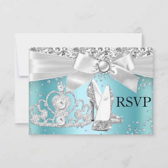 Glittrande Tiara Klackar Turkos Sweet 16 RSVP OSA Kort (Framsida)