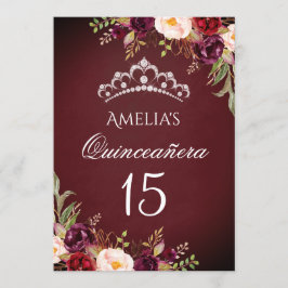 Glittrande Tiara Silver Burgundy Blommig Quinceane Inbjudningar