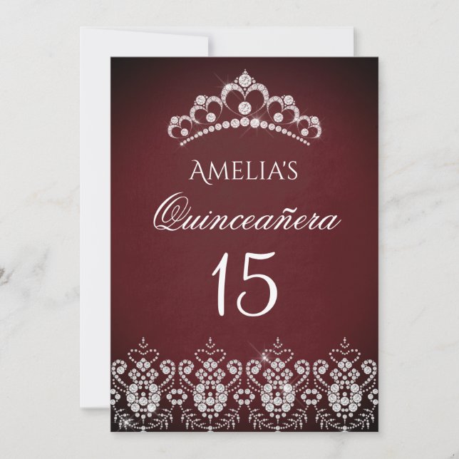 Glittrande Tiara Silver Burgundy Quinceanera Inbjudningar (Framsida)