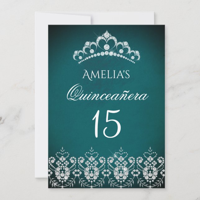 Glittrande Tiara Silver Teal Quinceanera-inbjudan Inbjudningar (Framsida)