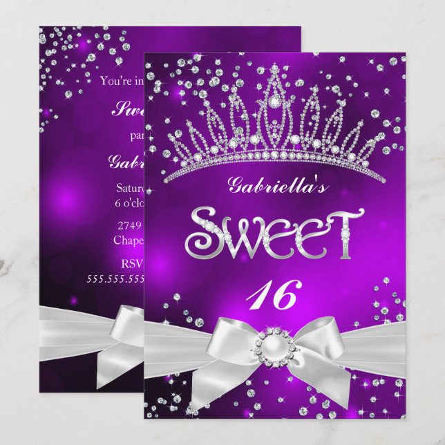 Glittrande Tiara Sweet 16 lila fest Inbjudningar (Fram/baksida)