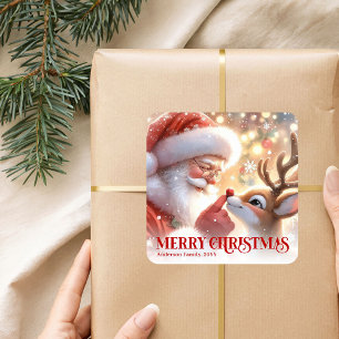 Glittrande Tomte Rudolf Personlig Jul Fyrkantigt Klistermärke