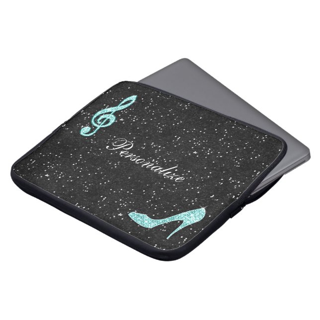 Glittrande turkos musiknot & stiletthäl laptop sleeve (Framsida topp)