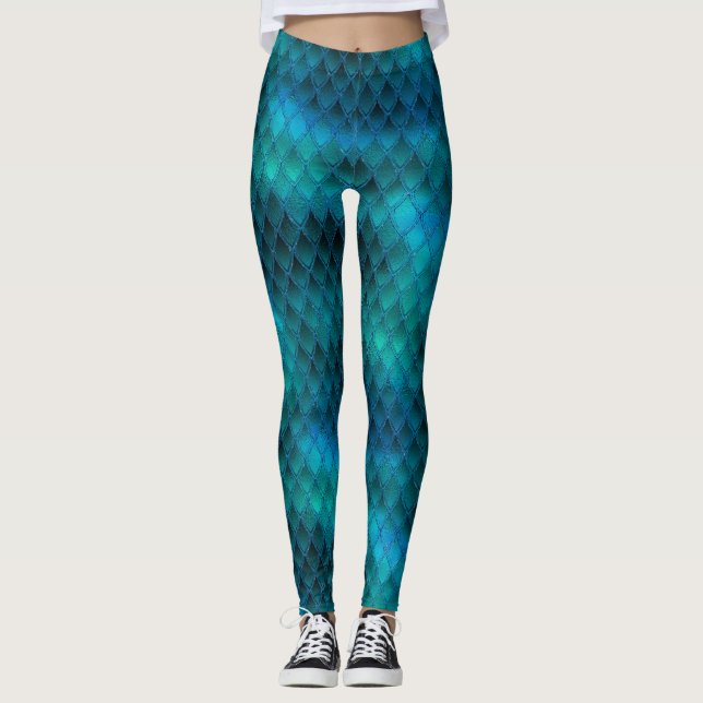Glittrande turkos och glitterdrakfjäll leggings (Framsida)
