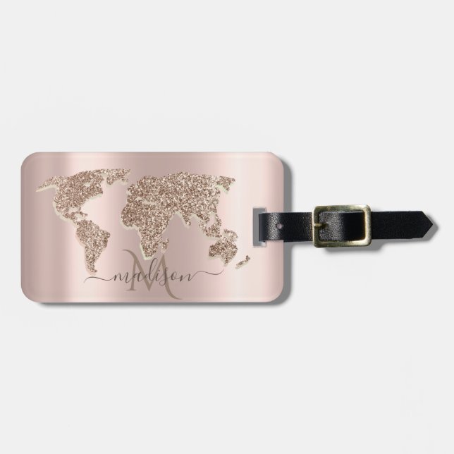Glittrande världskarta Resa Rosa Guld Monogram Bagagebricka (Horisontell Framsida)