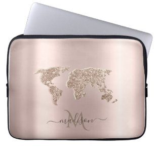 Glittrande världskarta Resa Rosa Guld Monogram Laptop Fodral
