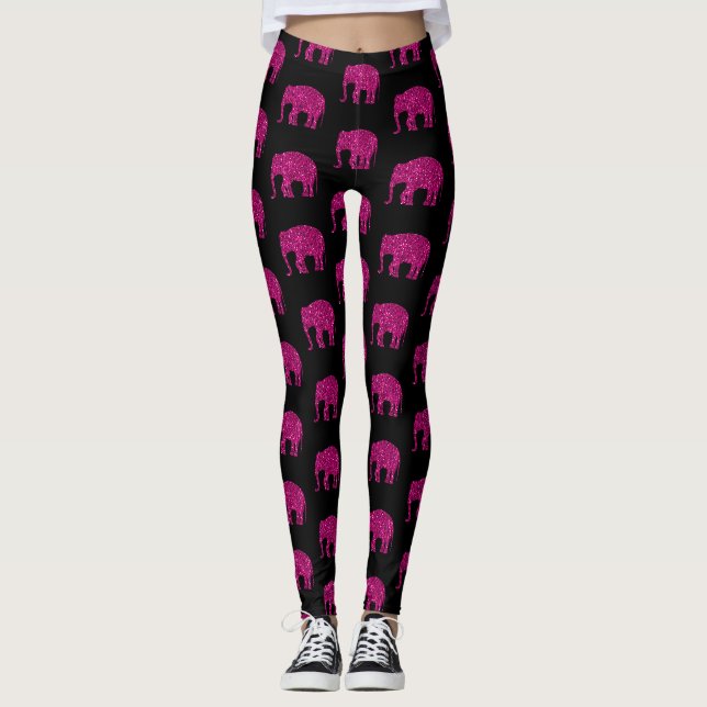 Glittrande varmt rosa Elefant glittermönster svart Leggings (Framsida)