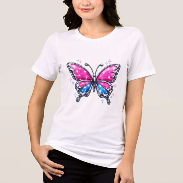 Glittrande Y2K Metallisk Fjäril - Rosa & Blå  T Shirt (Framsida)