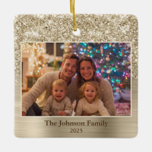Glittrig blekguld glam familjefoto julgransprydnad keramik