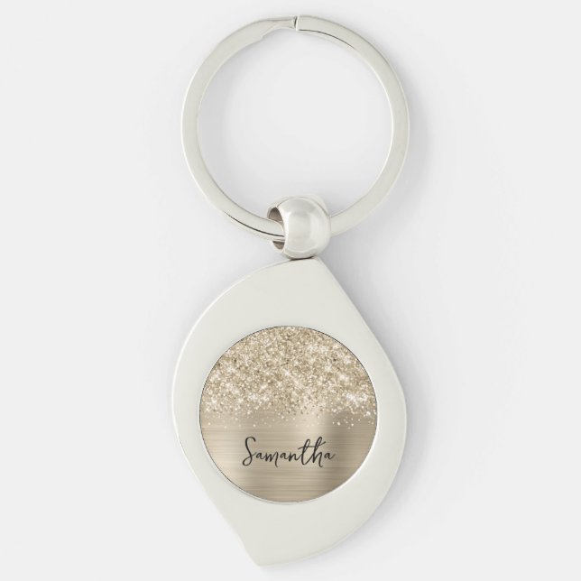 Glittrig blekguld Glam Namn Swirl Silverfärgad Nyckelring (Framsidan)