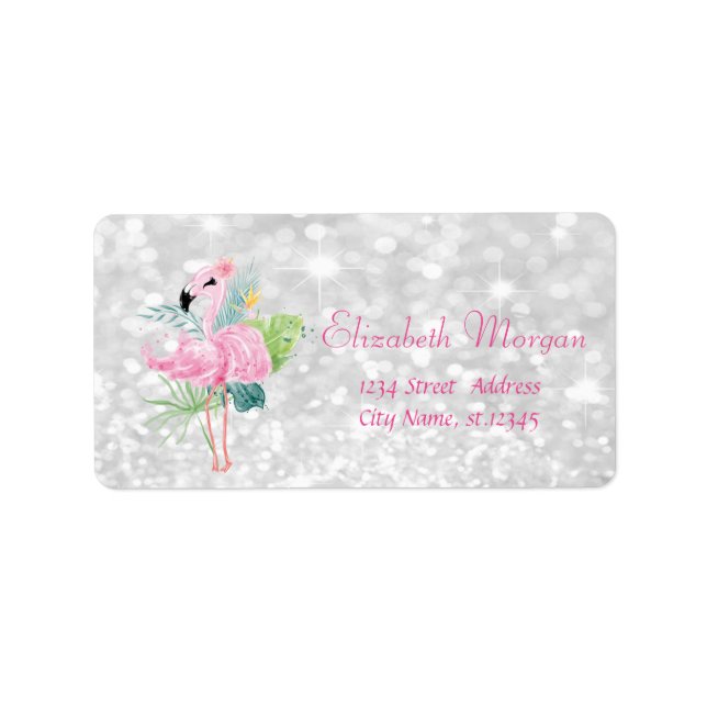 Glittrig, Bokeh, Tropiska blad, Rosa flamingos Adressetikett (Framsidan)