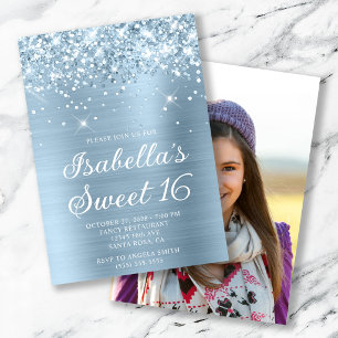 Glittrig dammig blå folie Sweet 16 Foto Inbjudningar