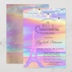 Glittrig Eiffeltorn Holografisk Quinceañera Klänni Inbjudningar