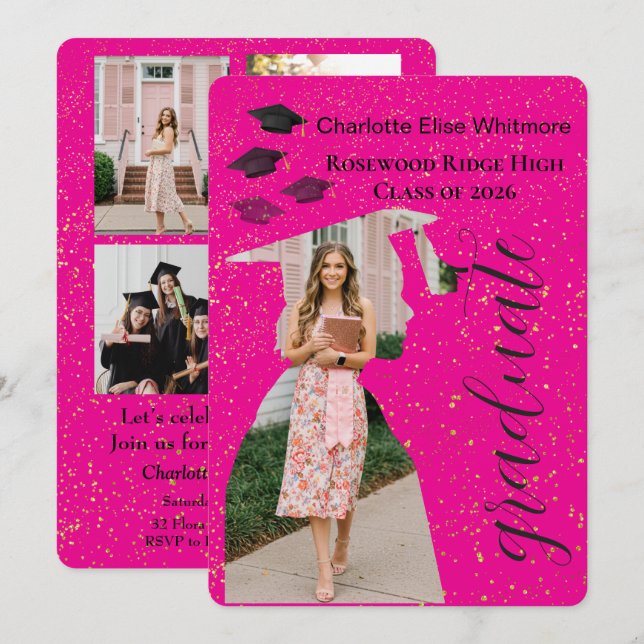 Glittrig examensinbjudningskort med foton inbjudningar (Fram/baksida)