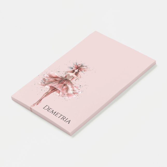 Glittrig flicka i rosa roséguld klänning post-it block (Vinklad)