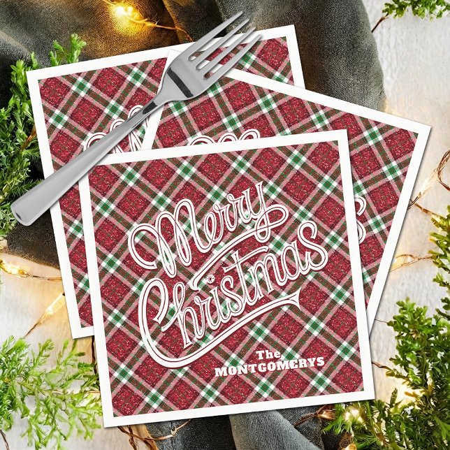 Glittrig God Jul Rutmönster Pappersservett (Sparkly Merry Christmas Plaid Cocktail Party Napkins)