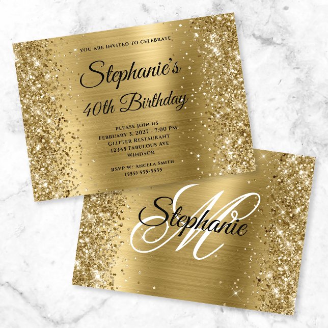 Glittrig guld folie fancy monogram 40-årsdag inbjudningar (Skapare uppladdad)