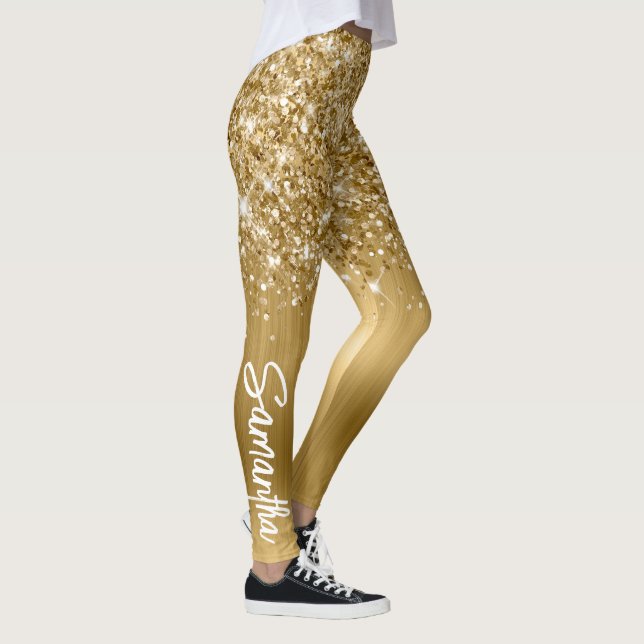 Glittrig Guld Glam Borste Skriptnamn Leggings (Höger)