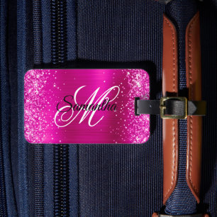 Glittrig het rosa folie fancy monogram bagagebricka