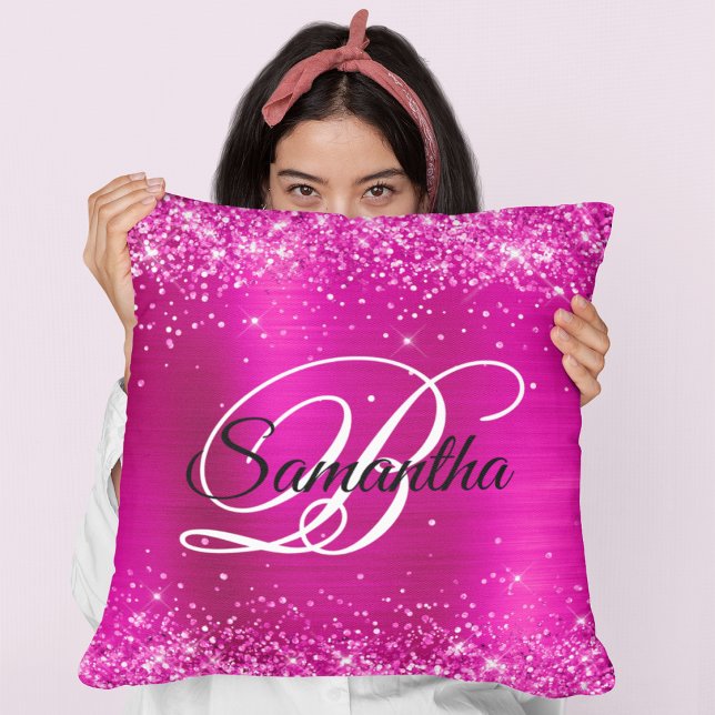 Glittrig het rosa folie fancy monogram kudde (Glittery Hot Pink Foil Fancy Monogram Throw Pillow)