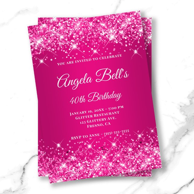 Glittrig het rosa hallon ombré elegant monogram inbjudningar (Glittery Hot Pink Raspberry Ombre Fancy Monogram Invitation)