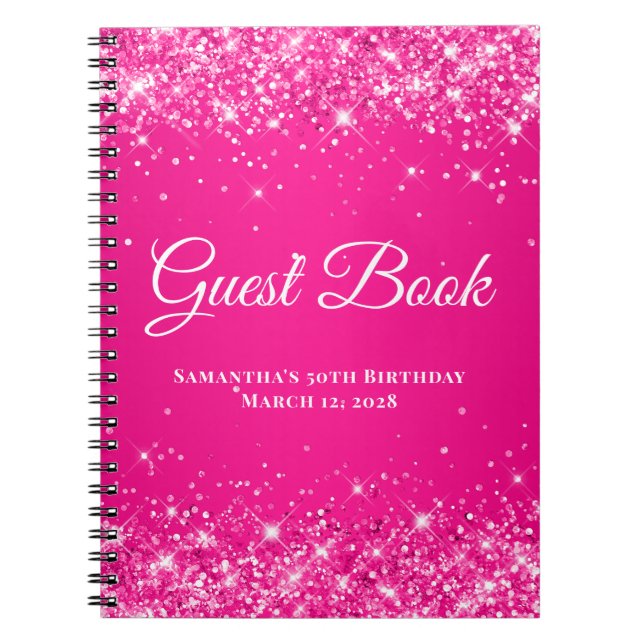 Glittrig het rosa ombré födelsedagsfirande gäst anteckningsbok (Framsidan)