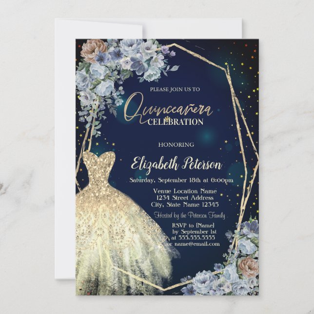 Glittrig klänning, blå blommor Quinceanera Inbjudningar (Framsida)